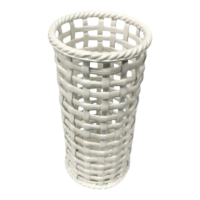 1960s Hollywood Regency Ceramic Basketweave Umbrella / Cane Stand For Sale