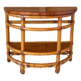 1940s Modernist Rattan & Mahogany Demilune Side Table by Rattanage For Sale