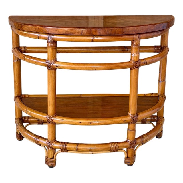 1940s Modernist Rattan & Mahogany Demilune Side Table by Rattanage For Sale