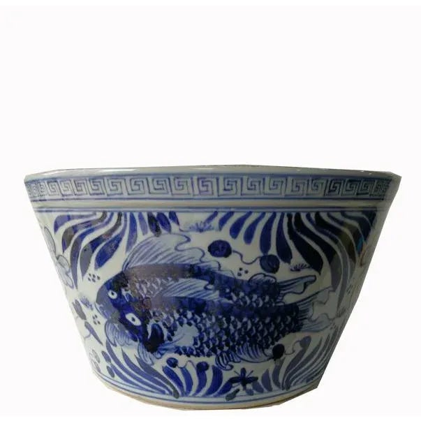 Chinese Blue and White Oriental Fish Bowl Planter For Sale - Image 11 of 11