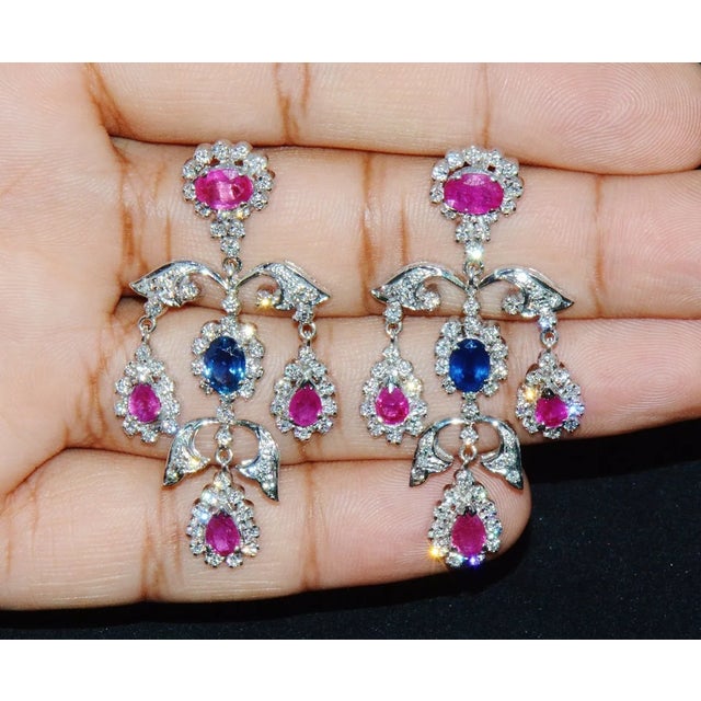 Certified Natural 31CTS VS F Diamond Ruby Sapphire 18K Solid Gold Necklace Earrings Set, set of 3 For Sale - Image 11 of 12