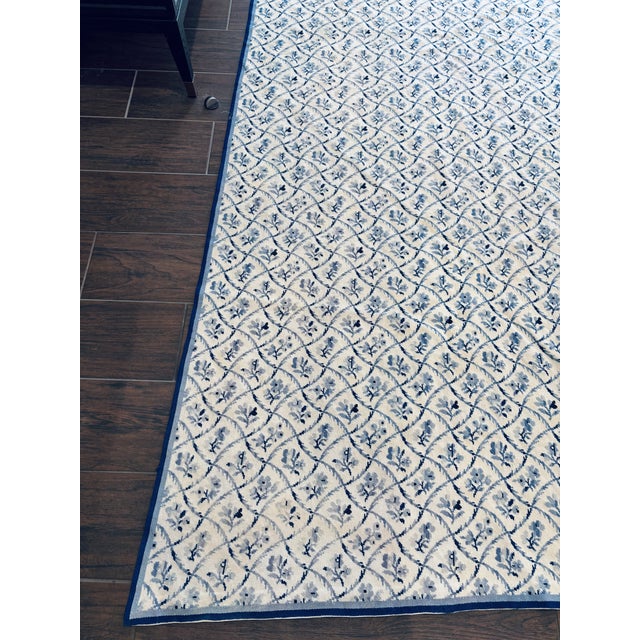 French Country Vintage Large Blue and White Needlepoint on Cream Background Textile For Sale - Image 3 of 8