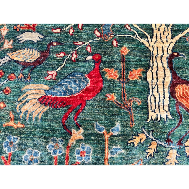 Green Afghan Pictorial Peacock & Bird Garden Hand-Knotted Wool Rug - 9'11" X 6'6" For Sale - Image 6 of 12