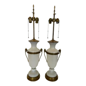 Pair of Mid 20th Century French White Opaline and Gilt-Bronze-Mounted Lamps