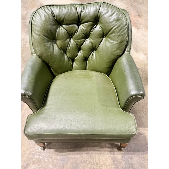 Wood Olive Green Leather Tufted Club Chair For Sale - Image 7 of 12
