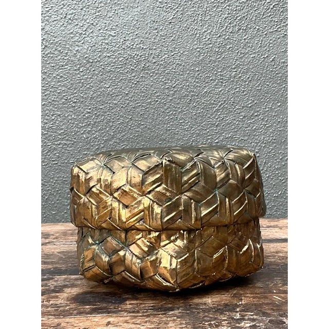 Mid-Century Modern Vintage Gilded Rattan Decorative Hexagon Box For Sale - Image 3 of 12