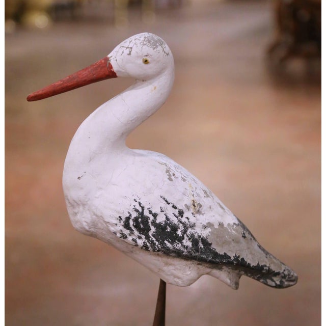 Folk Art Mid-Century French Folk Art Concrete Crane Bird Garden Statue on Iron Stand For Sale - Image 3 of 7
