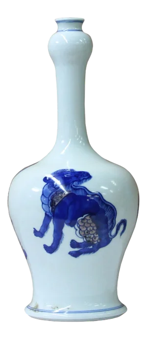 Chinese Blue White Porcelain Handpainted Foo Dog Small Vase