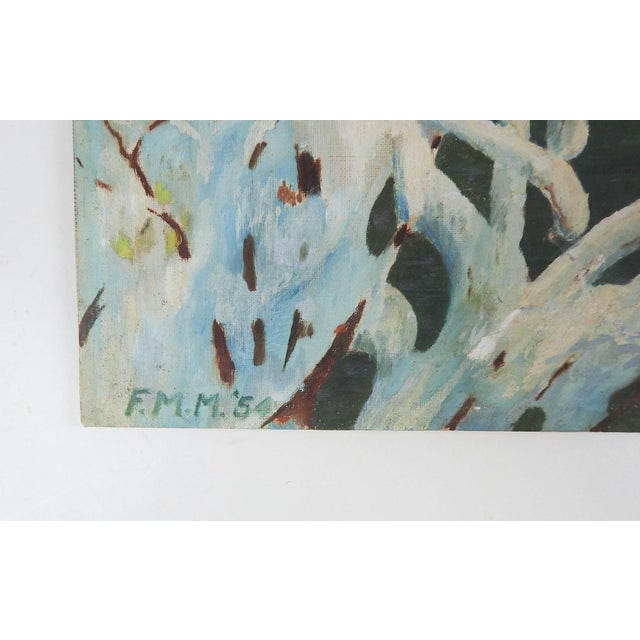 Mid 20th century oil on canvas board painting of winter scene with snow and covered bridge. Signed FMM 1954 lower left...