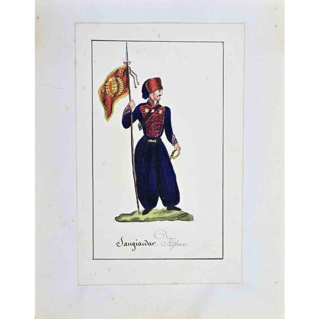 China ink and watercolor on paper applied on cardboard, realized by Barla in 1840. It depicts an oriental military...