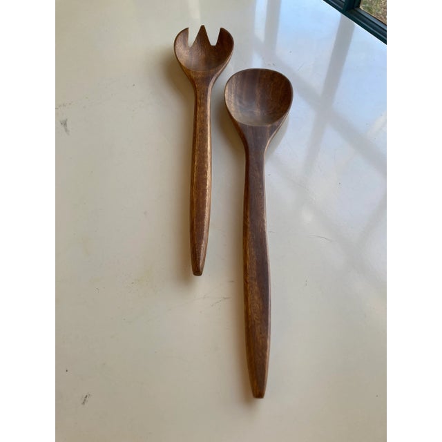 Mid-Century Modern Vintage Wooden Utensils Fork & Spoon- 2 Pieces For Sale - Image 3 of 4