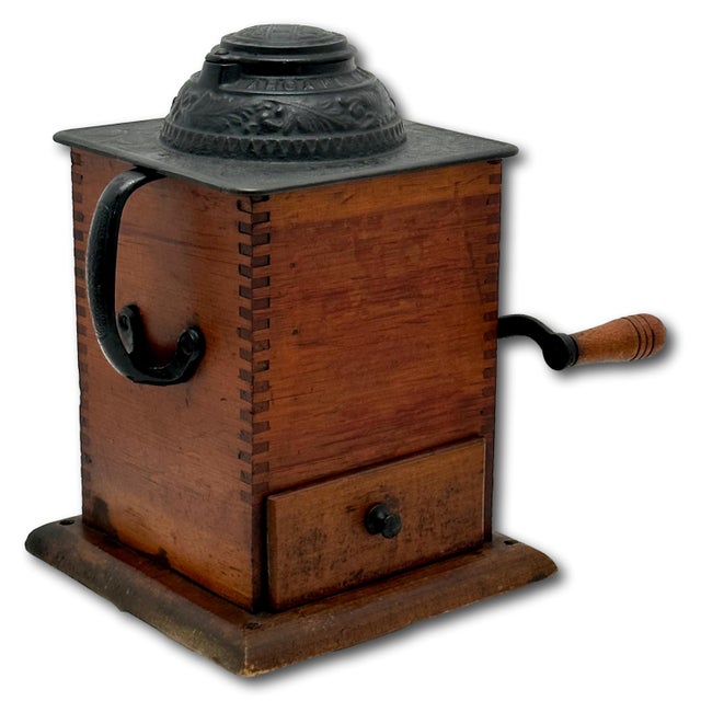 Unusual Antique American Cast Iron & Wood Hand Crank Coffee Grinder - Circa Late 19th Century For Sale - Image 4 of 18