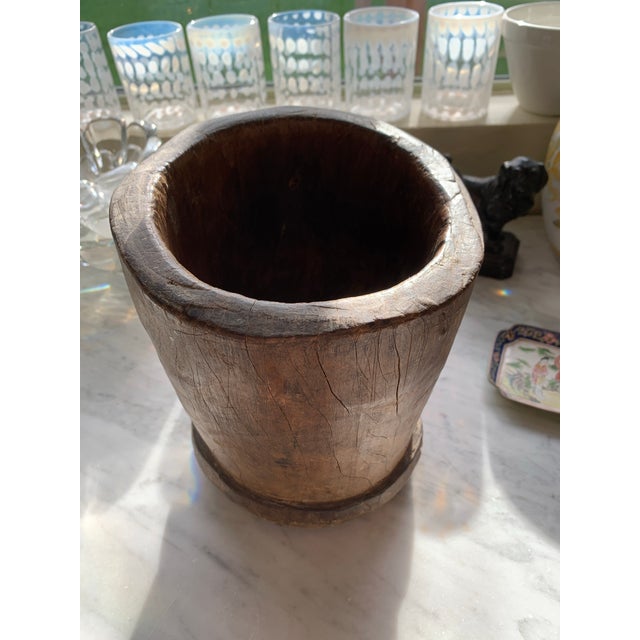 Antique Rustic Wooden Mortar Primitive Vessel For Sale - Image 11 of 12