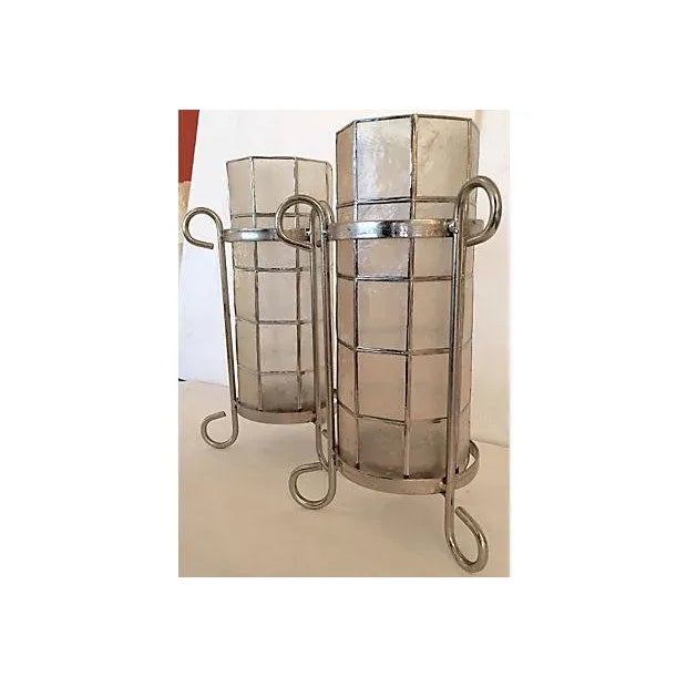 Hurricane Lantern Metal and Capiz Shell - a Pair For Sale - Image 4 of 7