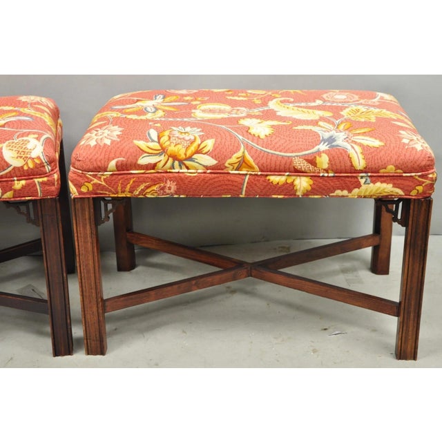Vintage Chinese Chippendale Style Carved Mahogany Fretwork Bench Stool - Pair For Sale - Image 10 of 12