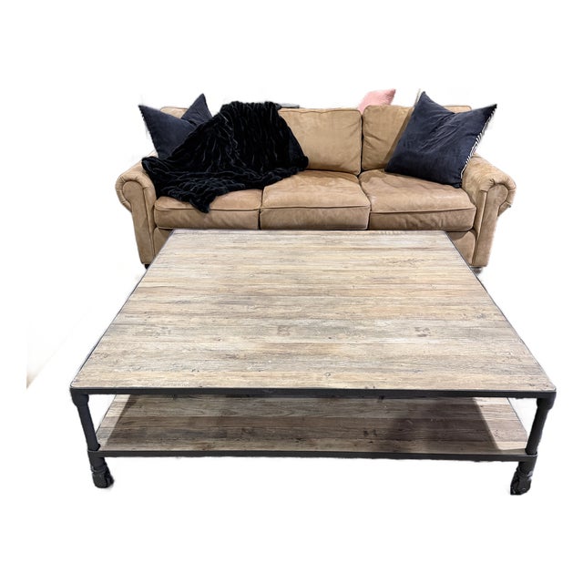 Restoration Hardware Dutch Industrial Reclaimed Elm & Steel Square Coffee Table With Casters For Sale