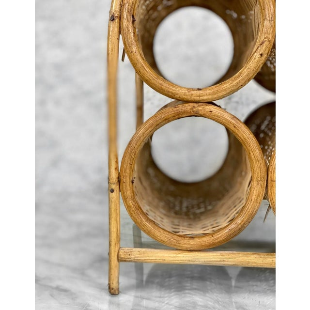 Vintage Boho Coastal Rattan Wicker Sculptural Wine Bottle Rack Holder For Sale - Image 11 of 13