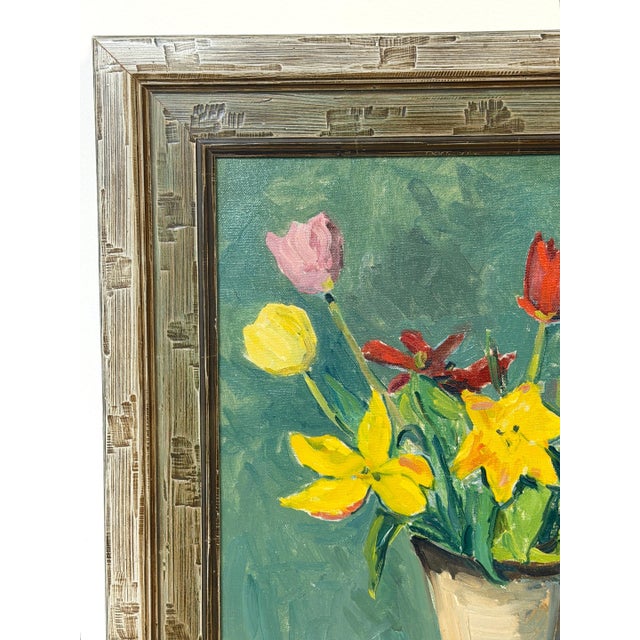 European Modernist Spring Still Life with Daffodils and Tulips, Signed "PS '41" For Sale - Image 4 of 15