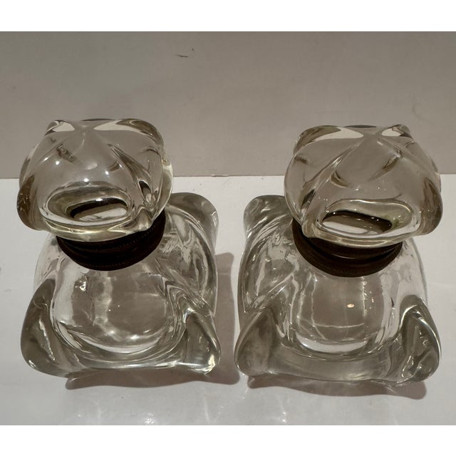 Pair of Vintage Clear Glass Ink Bottles Art Deco Style Brass Collars 1930s Desk For Sale - Image 4 of 8