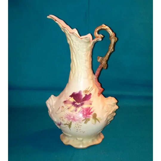 Lovely Art Nouveau fine porcelain ewer pitcher-shaped vase from Rudolstadt, Prussia, now Germany in hand-painted florals,...