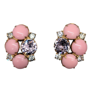 Vintage Signed Hobe Pink Cabochon & Faux-Amethyst Clip Earrings- 2 Pieces