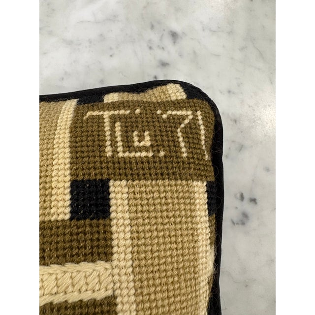 Mid-Century Modern Vintage Handmade & Signed Bargello Basketweave Wool & Velvet Pillow For Sale - Image 3 of 5