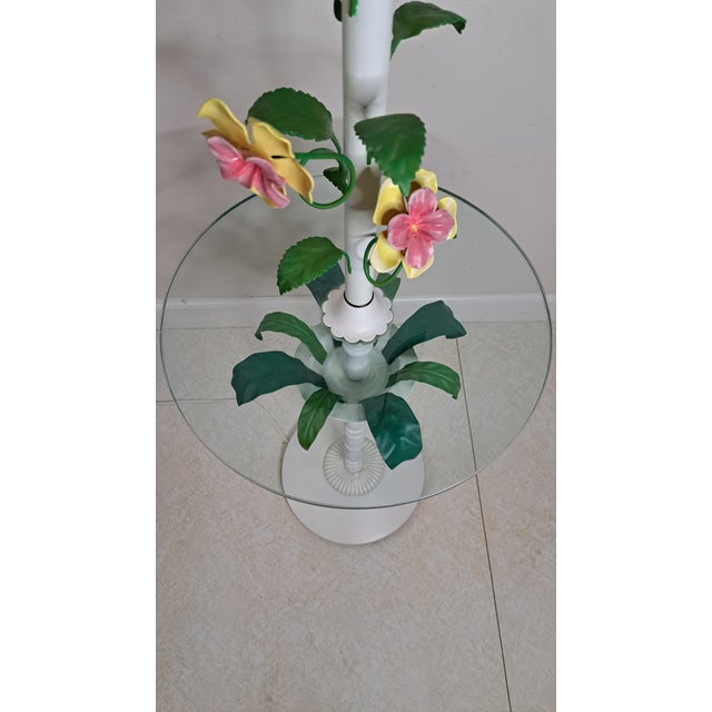 Vintage Hand-Painted Floral Tole Floor Lamp With Glass Table, Hollywood Regency For Sale - Image 10 of 15