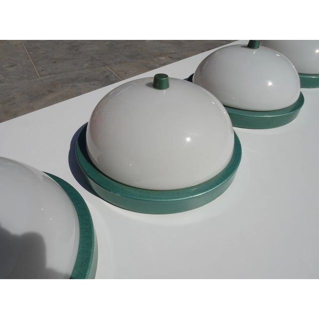 Industrial Metalic Green Lacquered Ceiling Lamp in White Opaline Glass, 1940s For Sale - Image 11 of 12
