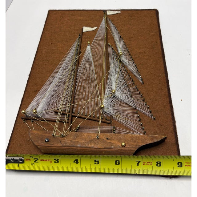 Textile Vintage Mid Century String Art Sailboats | 1960s Nautical Wall Art | MCM Modern Boat Decor | Felt & Wood For Sale - Image 7 of 7