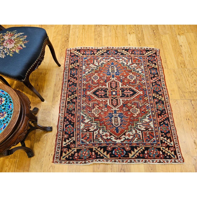 Vintage Persian Heriz Serapi Rug, Hand-Knotted Wool, Geometric Pattern, Brick-Red & Ivory, 4x4 For Sale - Image 14 of 18