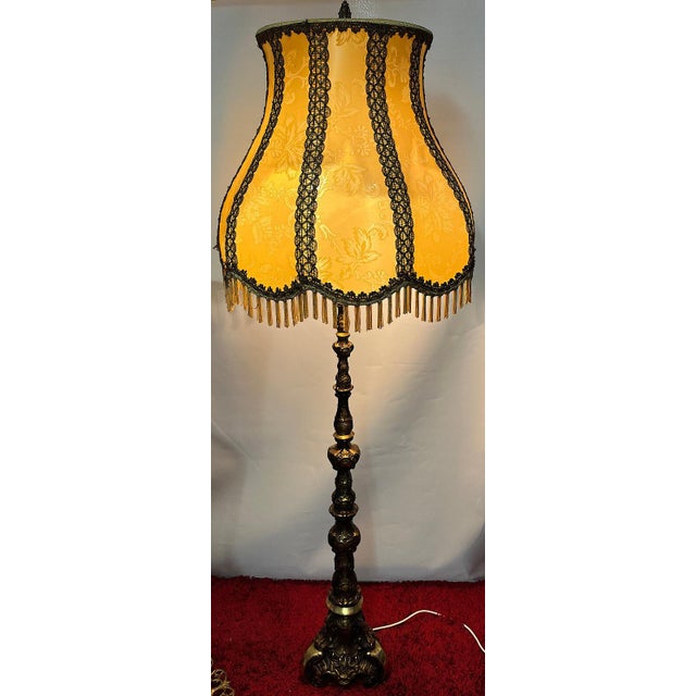 Gold Brass Floor Lamp with Fabric Shade from Unbekannt, 1920s For Sale - Image 8 of 11