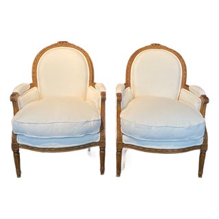 French Louis XVI Carved Walnut Armchairs Bergere Chairs -a Pair For Sale