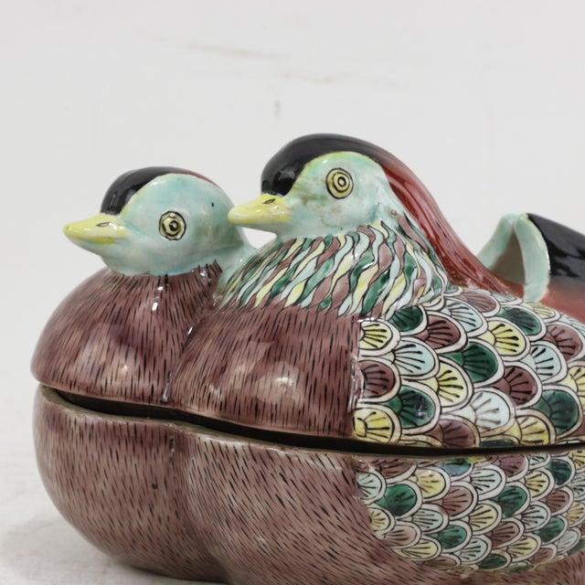 Emerald Vintage Chinese Famille Verte Porcelain Pair of Mandarin Ducks Covered Bowl For Sale - Image 8 of 12