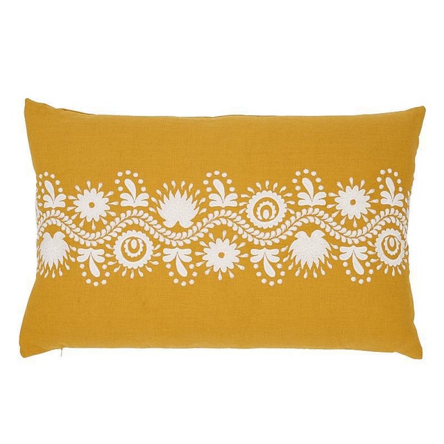 Folk Art Schumacher Theodora Embroidery 24" Lumbar Pillow in Safron For Sale - Image 3 of 3