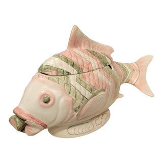 Vintage Italian Ceramic Large Pink Green Fish Form Regency Soup Tureen Covered Serving Dish For Sale