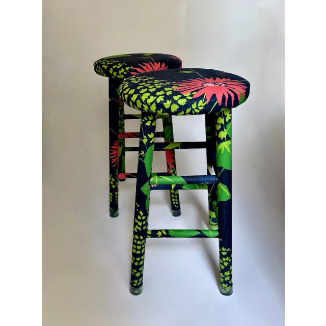 Pair of Vintage Greeff "Summertime Collection" Fabric Wrapped Wooden Counter Stools For Sale - Image 10 of 18