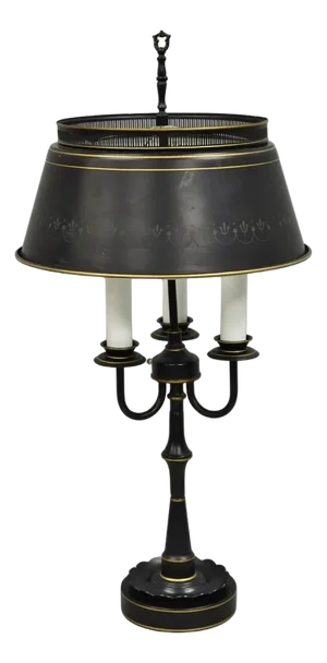 Vintage French Country Black Tole Metal Three Arm Candelabra Table Lamp With Shade