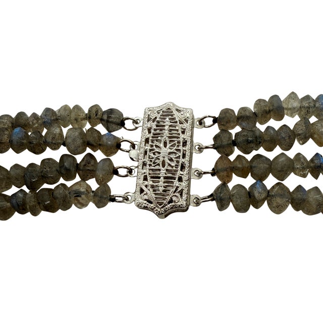 Vintage 14k Gold Four‑Strand Labradorite Necklace With Blue Topaz Drop For Sale - Image 4 of 5