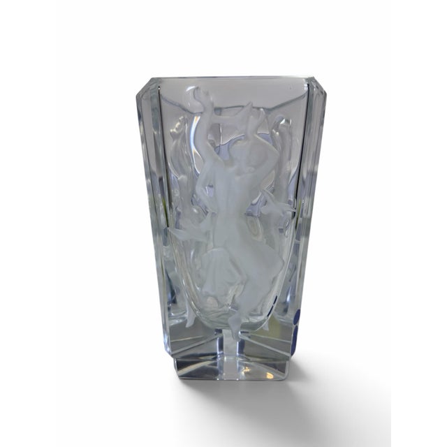 Mid-Century Modern Art Deco Frantisek Halama Triangular Crystal "Three Maidens" Intaglio Vase For Sale - Image 3 of 6
