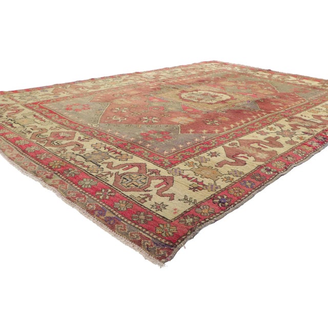 51789 Vintage Turkish Oushak Rug, 05'10 x 08'08. Showcasing a bold expressive design, incredible detail and texture, this...