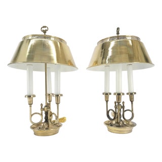 Pair of Unusual Brass Shades Brass Bases Bouillotte Table Lamps MINT! For Sale