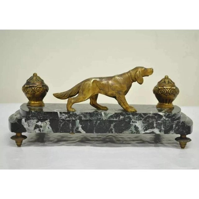 Antique French Empire Figural Bronze & Marble Hunting Dog Desk Double Inkwell For Sale - Image 9 of 11