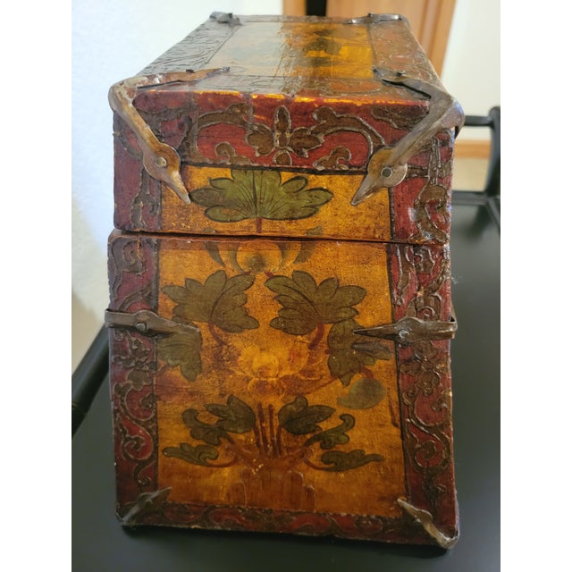 Antique Tibetan Hand-Painted Wooden Longevity Box With Original Iron Hardware For Sale - Image 4 of 7