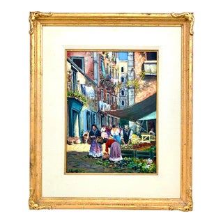 1980s Impressionist Oil Painting of a Village Market, Original Folk Art, Framed, 24"h For Sale