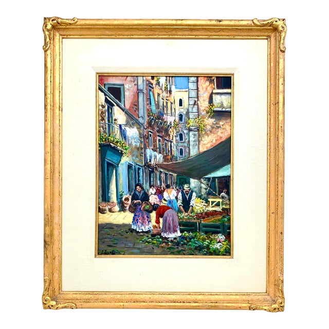 1980s Impressionist Oil Painting of a Village Market, Original Folk Art, Framed, 24"h For Sale