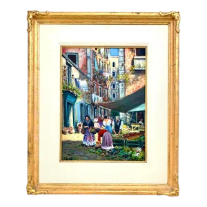 Vintage Original Oil Painting of a Village Market
