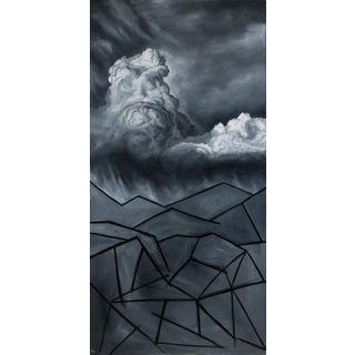 Rising Clouds and Shifting Lands by Robin Hextrum | Oil on Canvas Oil painting of clouds over abstract landforms For Sale