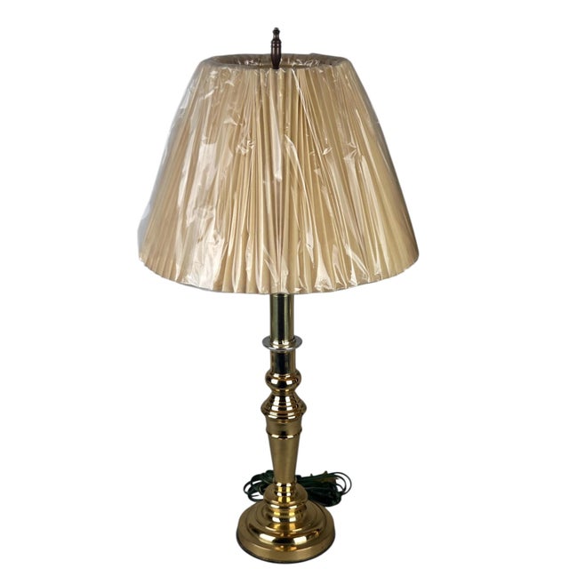 Traditional Pair of Vintage Solid Brass Candlestick Table Lamps With Knife-Pleated Shades For Sale - Image 3 of 13