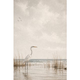 Egret Coastal Scene, Minimalist Beach Wall Art Print, 24″ × 36″ For Sale
