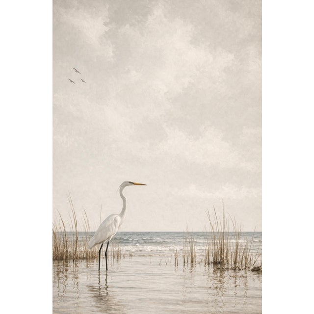 Egret Coastal Scene, Minimalist Beach Wall Art Print, 24″ × 36″ For Sale